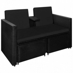 3 részes fekete polyrattan kerti bútorszett párnákkal