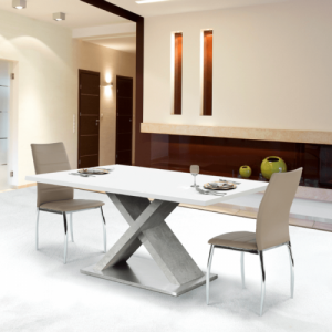 Étkezőasztal, fehér magasfényű HG|beton, 160x90 cm, FARNEL