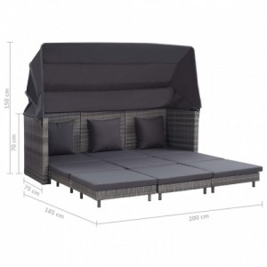 3-személyes szürke kinyitható műrattan kanapéágy tetővel