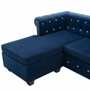 Kék L-alakú bársony Chesterfield kanapé 199 x 142 x 72 cm