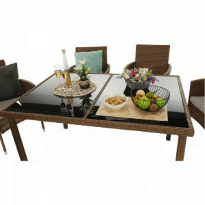 Kerti garnitúra, étkezőasztal+6db szék, rattan, méz|krém, GARDEN