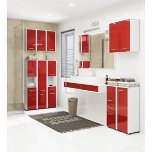 Álló fürdőszobaszerkrény fehér, magasfényű piros