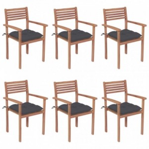 6 db rakásolható tömör tíkfa kerti szék párnákkal