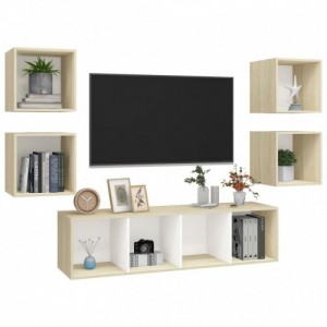 5 részes fehér és tölgyszínű szerelt fa TV-szekrény szett