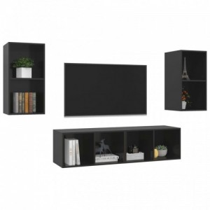 4 db magasfényű fekete szerelt fa fali TV-szekrény