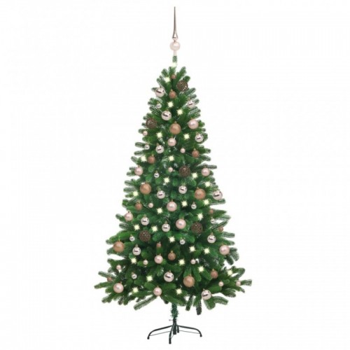 Zöld megvilágított műkarácsonyfa gömb szettel 180 cm