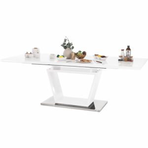 Étkezőasztal, nyitható, fehér extra magasfényű|acél, 160-220x90 cm, PERAK