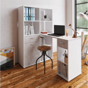 PC asztal könyvespolccal, fehér|beton, MINESON