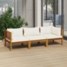 3 személyes tömör akácfa kerti kanapé krémszínű párnával