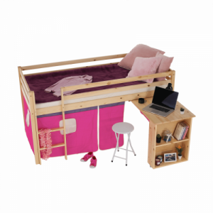 Ágy PC asztallal, fenyő fa|rózsaszín, 90x200, ALZENA