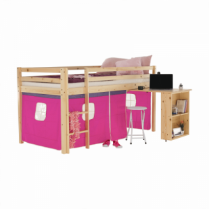 Ágy PC asztallal, fenyő fa|rózsaszín, 90x200, ALZENA