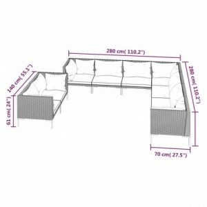 9 részes sötétszürke polyrattan kerti bútorszett párnákkal