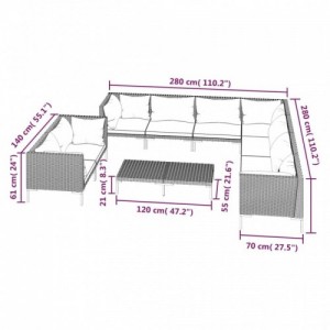 10 részes sötétszürke polyrattan kerti bútorszett párnákkal