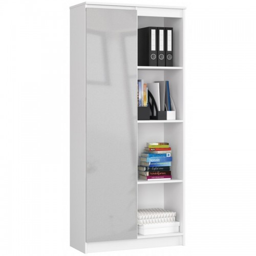 Irodai tároló szekrény ajtóval, nyolc polccal fehér, magasfényű fémszínű 80x35cm