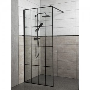 Techno 100 Walk-in zuhanykabin 100x200 cm, fekete profil, víztiszta üveg rácsmintával