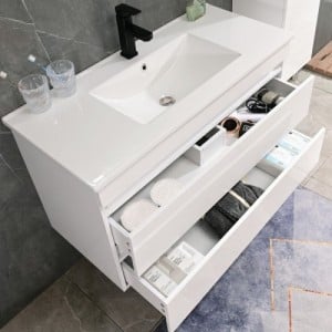 Cube Fürdőszobabútor 100 cm kerámia mosdóval (2 fiókos) tükörrel 60x100 cm magasfényű festett fehér