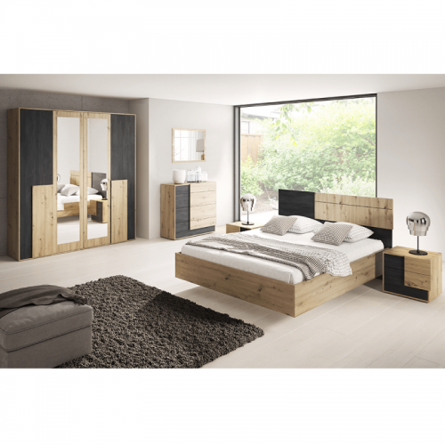 Hálószoba szett (ágy+2x éjjeliszekrény+szekrény), artisan tölgy|fekete norvég fenyő, BAFRA