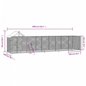 Ezüstszínű horganyzott acél kutyakennel tetővel 10x2x2,5 m