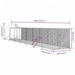 Ezüstszínű horganyzott acél kutyakennel tetővel 2x14x2,5 m