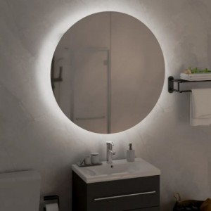 Szürke fürdőszobaszekrény kerek tükörrel|LED-del 54x54x17,5 cm