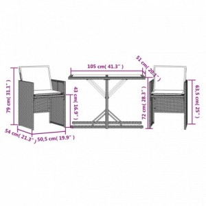 3 részes fekete polyrattan bisztrógarnitúra párnával