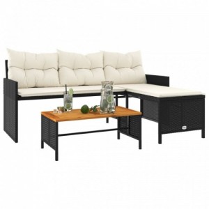 L-alakú fekete polyrattan kerti kanapé asztallal és párnával