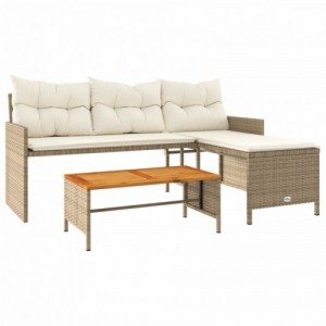 L-alakú bézs polyrattan kerti kanapé asztallal és párnával