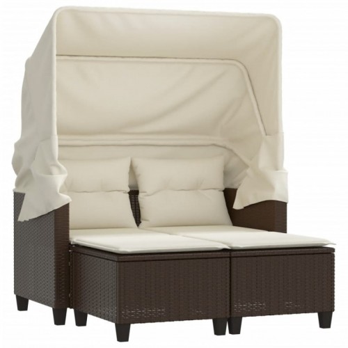 2 személyes barna polyrattan kerti kanapé baldachinnal|székkel