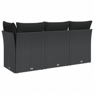 Fekete 3 személyes polyrattan kerti kanapé párnákkal