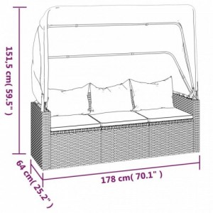 3-személyes szürke polyrattan kanapé tetővel és lábtartóval