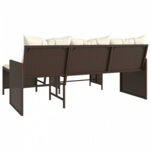 L-alakú barna polyrattan kerti kanapé asztallal és párnákkal