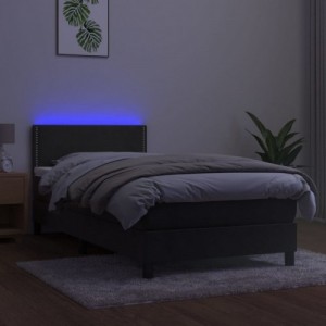 Sötétszürke bársony rugós és LED-es ágy matraccal 80 x 200 cm