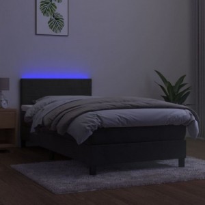 Sötétszürke bársony rugós és LED-es ágy matraccal 90x200 cm