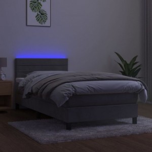 Világosszürke bársony rugós és LED-es ágy matraccal 100x200 cm