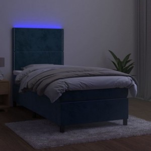 Sötétkék bársony rugós és LED-es ágy matraccal 90x200 cm