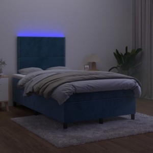 Sötétkék bársony rugós és LED-es ágy matraccal 120x200 cm