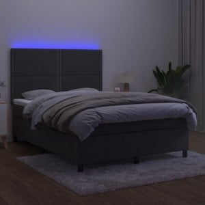 Sötétszürke bársony rugós és LED-es ágy matraccal 140x200 cm