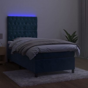 Sötétkék bársony rugós és LED-es ágy matraccal 90x190 cm