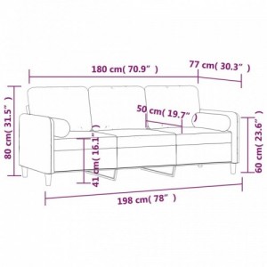 3 személyes világosszürke bársony kanapé párnákkal 180 cm