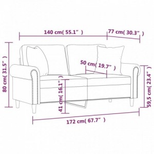 2 személyes világosszürke bársony kanapé párnákkal 140 cm