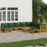 11 részes tömör fa kerti ülőgarnitúra zöld párnákkal