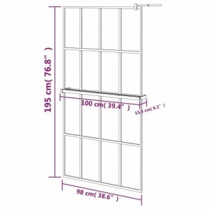 Fekete ESG üveg és alumínium zuhanyfal polccal 100 x 195 cm