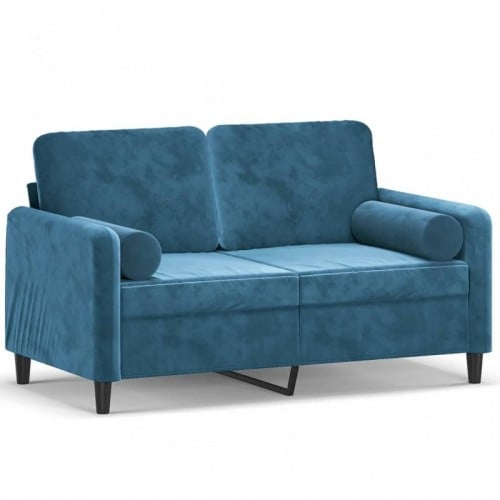 2 személyes kék bársony kanapé díszpárnákkal 120 cm