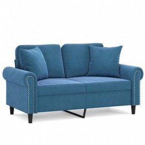 2 személyes kék bársony kanapé díszpárnákkal 120 cm