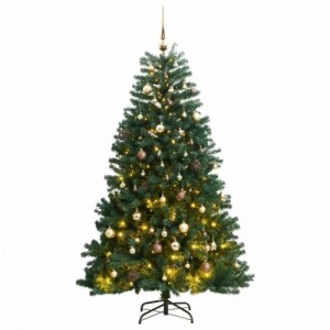 Csuklópántos műkarácsonyfa 300 LED-del és gömbökkel 210 cm