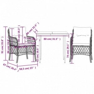 3 részes fekete polyrattan bisztrógarnitúra párnával