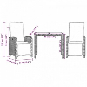 3 részes fekete polyrattan bisztrógarnitúra párnával