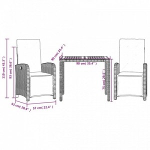 3 részes fekete polyrattan bisztrógarnitúra párnával