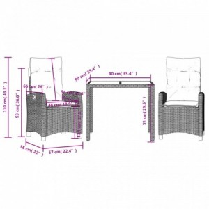 3 részes fekete polyrattan kerti étkezőgarnitúra párnákkal