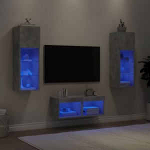 4 darab betonszürke falra szerelhető TV-szekrény LED-del